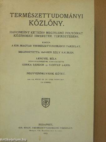 Természettudományi Közlöny 1912. január-december/Pótfüzetek a Természettudományi Közlönyhöz 1912. január-december