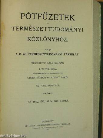 Természettudományi Közlöny 1912. január-december/Pótfüzetek a Természettudományi Közlönyhöz 1912. január-december