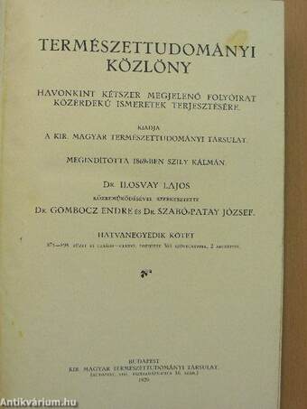 Természettudományi Közlöny 1929. január-december/Pótfüzetek a Természettudományi Közlönyhöz 1929. január-december