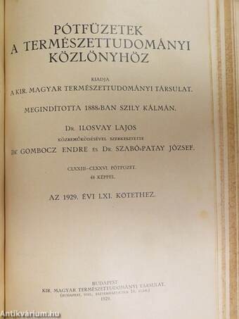 Természettudományi Közlöny 1929. január-december/Pótfüzetek a Természettudományi Közlönyhöz 1929. január-december