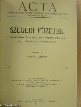 Szegedi Füzetek 1934. január-december