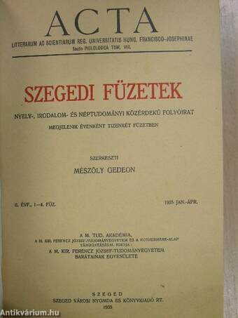 Szegedi Füzetek 1935. január-december