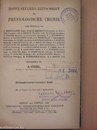 Hoppe-Seyler's Zeitschrift für Physiologische Chemie 1922/I-VI. Heft