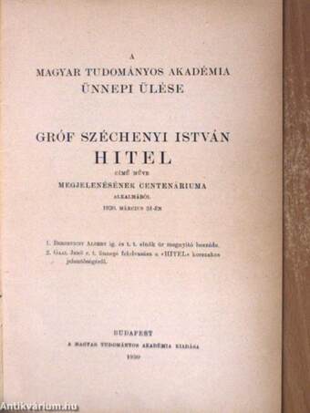 A Magyar Tudományos Akadémia ünnepi ülése Gróf Széchenyi István Hitel című műve megjelenésének centenáriuma alkalmából 1930. március 24-én