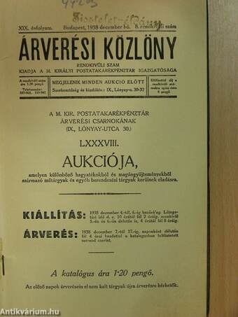 Árverési Közlöny 1938. december hó 8. rendkívüli szám