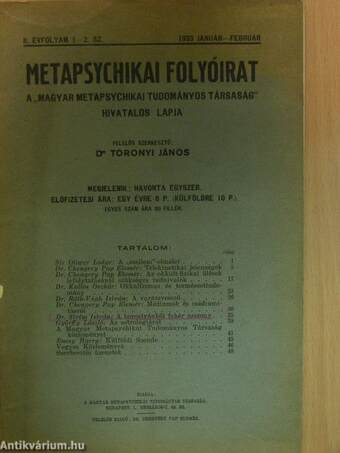 Metapsychikai folyóirat 1933. január-február