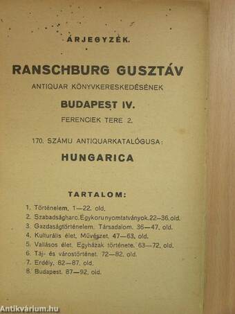 Ranschburg Gusztáv antiquar könyvkereskedésének 170. számú antiquarkatalógusa