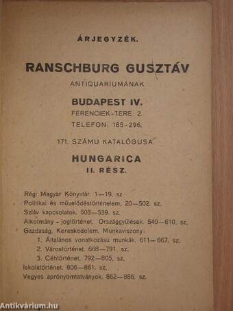 Ranschburg Gusztáv Antiquariumának 171. számu katalógusa - Hungarica II.