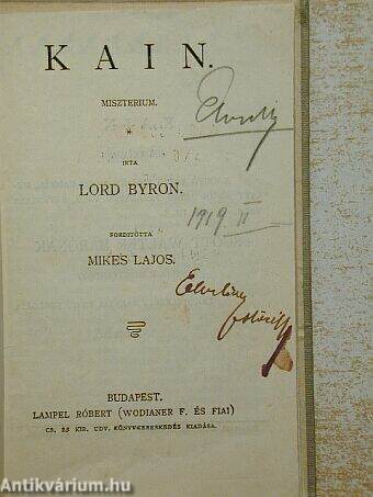 Lord Byron: Kain (Lampel Róbert (Wodianer F. és Fiai) Cs. és Kir.  könyvkereskedése) - antikvarium.hu