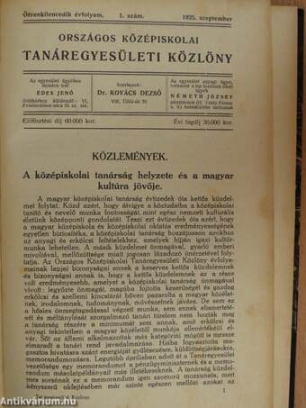 Országos középiskolai tanáregyesületi közlöny 1925. szeptember-1926. június