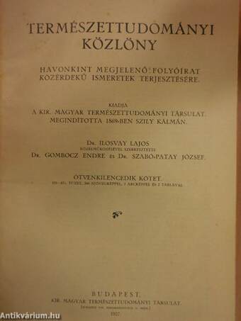 Természettudományi Közlöny 1927. január-december/Pótfüzetek a Természettudományi Közlönyhöz 1927. január-december