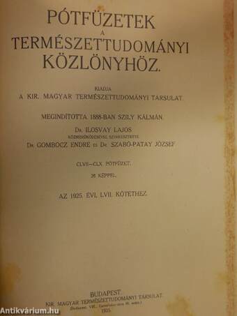 Természettudományi Közlöny 1925. január-december/Pótfüzetek a Természettudományi Közlönyhöz 1925. január-december