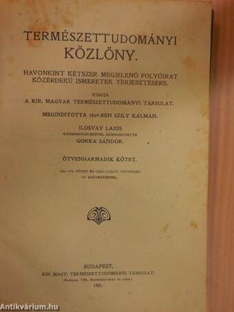 Természettudományi Közlöny 1921. január-december/Pótfüzetek a Természettudományi Közlönyhöz 1921. január-december