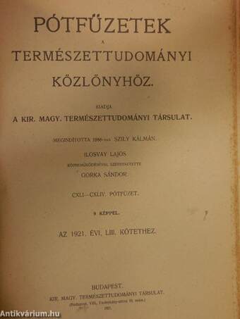 Természettudományi Közlöny 1921. január-december/Pótfüzetek a Természettudományi Közlönyhöz 1921. január-december