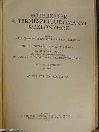 Természettudományi Közlöny 1927. január-december/Pótfüzetek a Természettudományi Közlönyhöz 1927. január-december