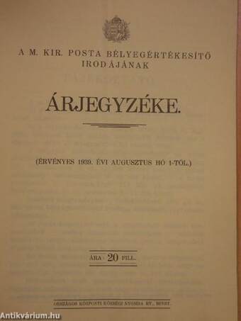 A M. Kir. Posta Bélyegértékesítő Irodájának árjegyzéke