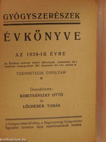 Gyógyszerészek Évkönyve az 1938-ik évre