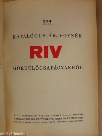 514 számú katalógus-árjegyzék RIV gördülőcsapágyakról 