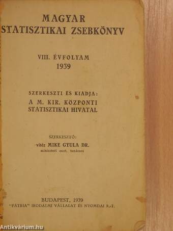 Magyar statisztikai zsebkönyv 1939.