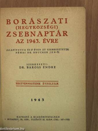 Borászati (hegyközségi) zsebnaptár az 1943. évre