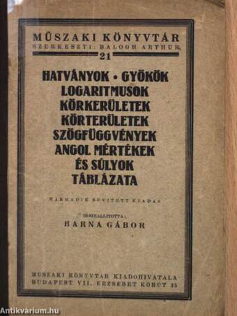 Hatványok, gyökök, logaritmusok, körkerületek, körterületek, szögfüggvények, angol mértékek és súlyok táblázata