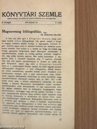 Könyvtári Szemle 1914. február 15./Magyarország Bibliográfiája 1914. február 15.