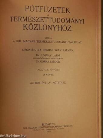 Természettudományi Közlöny 1923. január-december/Pótfüzetek a Természettudományi Közlönyhöz 1923. január-december