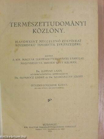 Természettudományi Közlöny 1926. január-december/Pótfüzetek a Természettudományi Közlönyhöz 1926. január-december