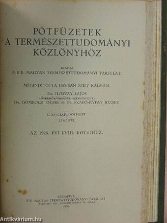 Természettudományi Közlöny 1926. január-december/Pótfüzetek a Természettudományi Közlönyhöz 1926. január-december