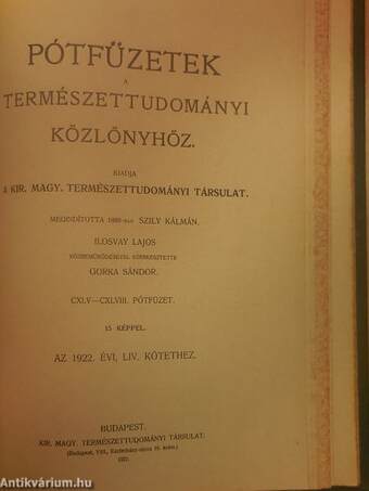 Természettudományi Közlöny 1922. január-december/Pótfüzetek a Természettudományi Közlönyhöz 1922. január-december