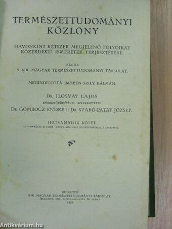 Természettudományi Közlöny 1928. január-december/Pótfüzetek a Természettudományi Közlönyhöz 1928. január-december