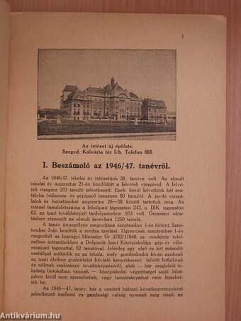 A Szegedi Állami Felsőipariskola évkönyve az 1946-47. tanévről