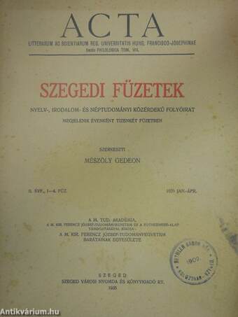 Szegedi Füzetek 1935. január-április
