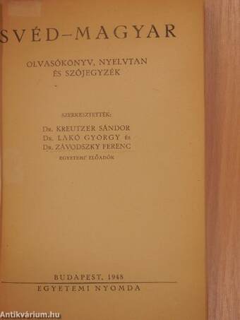 Svéd-magyar olvasókönyv, nyelvtan és szójegyzék