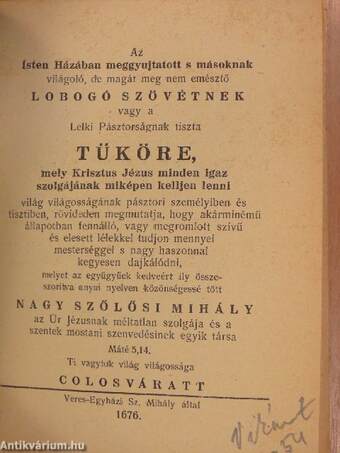 Lobogó szövétnek vagy a Lelki Pásztorságnak tiszta tüköre