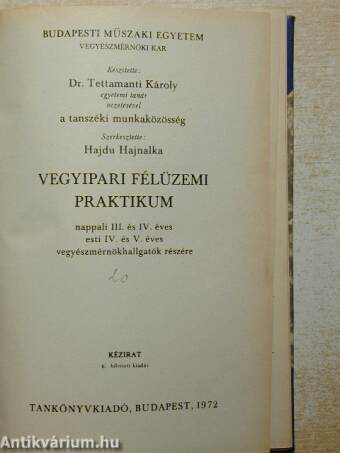 Vegyipari félüzemi praktikum/Vegyipari műveleti számítások I./Szabályozástechnikai gyakorlatok