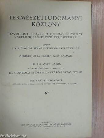 Természettudományi Közlöny 1929. január-december