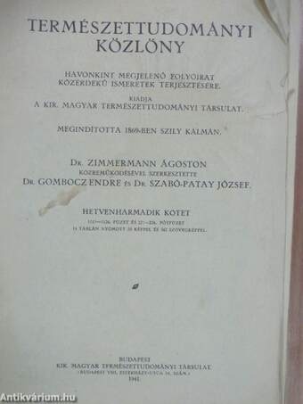 Természettudományi Közlöny 1941. január-december/Pótfüzetek a Természettudományi Közlönyhöz 1941. január-december