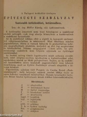 A Budapest területére érvényes építésügyi szabályzat fontosabb intézkedései, betűrendben