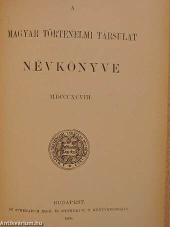 Századok 1898./A Magyar Történelmi Társulat Névkönyve