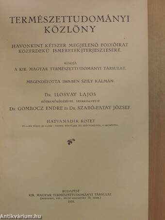 Természettudományi Közlöny 1928. január-december