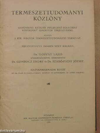 Természettudományi Közlöny 1931. január-december