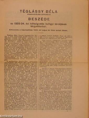 Téglássy Béla országgyűlési képviselő beszéde az 1933/34. évi költségvetés belügyi tárcájának tárgyalásakor