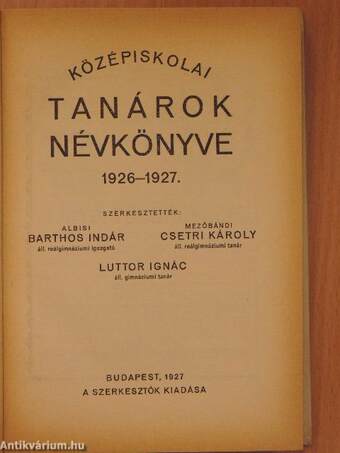 Középiskolai tanárok névkönyve 1926-1927.