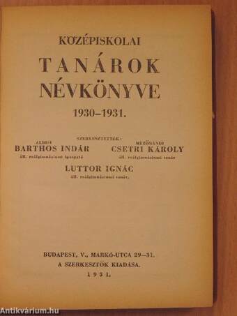 Középiskolai tanárok névkönyve 1930-1931.