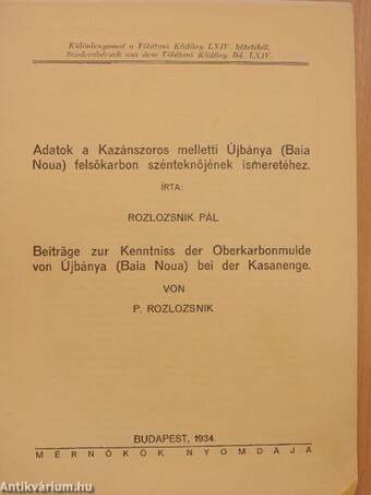 Adatok a Kazánszoros melletti Újbánya (Baia Noua) felsőkarbon szénteknőjének ismeretéhez