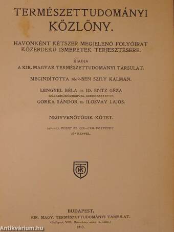 Természettudományi Közlöny 1913. január-december I-II.