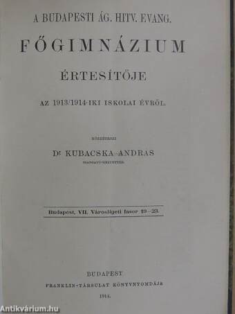 Bőhm Károly R. T. emlékezete/A Budapesti Ág. Hitv. Evang. Főgimnázium értesítője az 1913/1914-iki iskolai évről