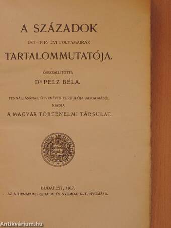 A Századok 1867-1916. évi folyamainak tartalommutatója