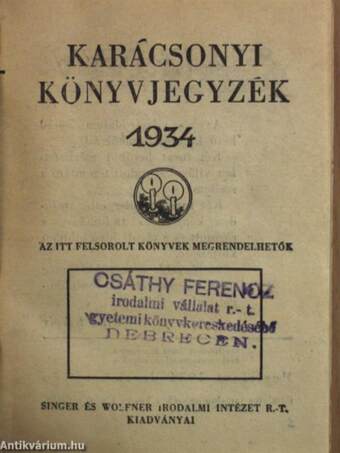 Karácsonyi Könyvjegyzék 1934